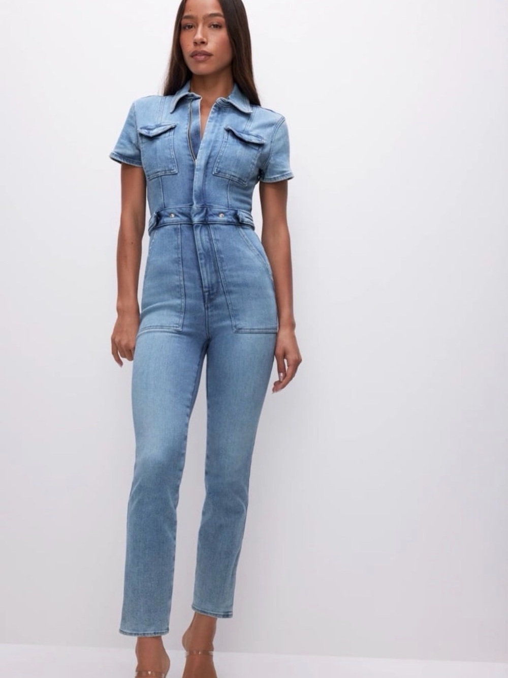 Good American Fit For Success Jumpsuit in a medium blue  Stretch Utility Romper